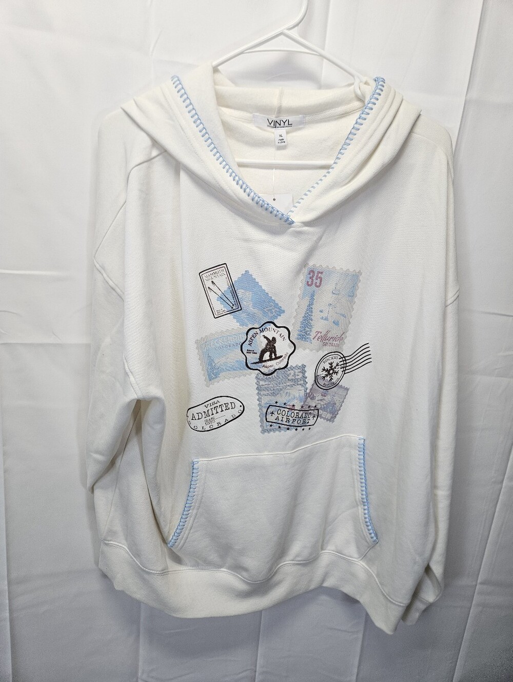 VINYL White "Ski" Hoodie with Light Blue Stamp Graphics NWT